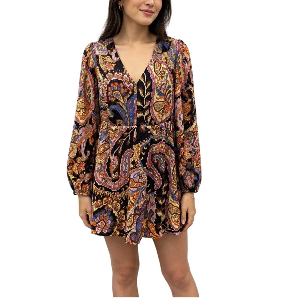 Sanctuary Multi Paisley V-Neck Long Sleeve Open Back Mini Dress CD1900CC2